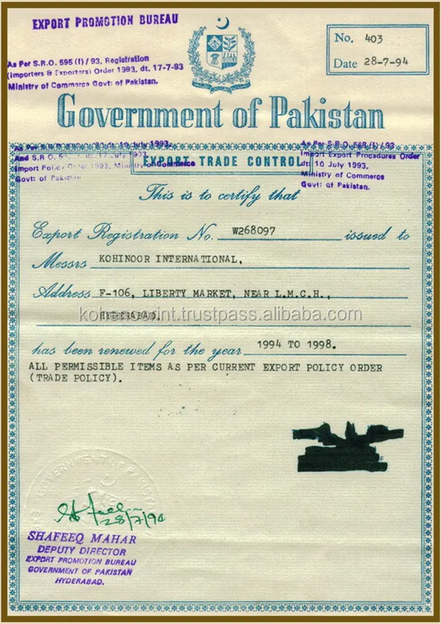 TDAP registered exporter certificate of Kohenoor International